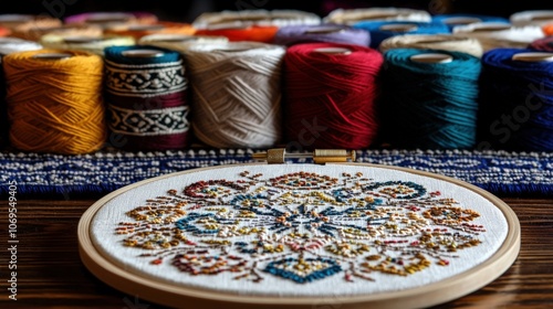Colorful embroidery threads and finished cross-stitch pattern on wooden table