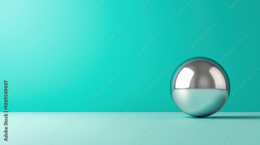 Reflective silver sphere on turquoise background with minimalist design Reflective silver sphere on turquoise background with minimalist design