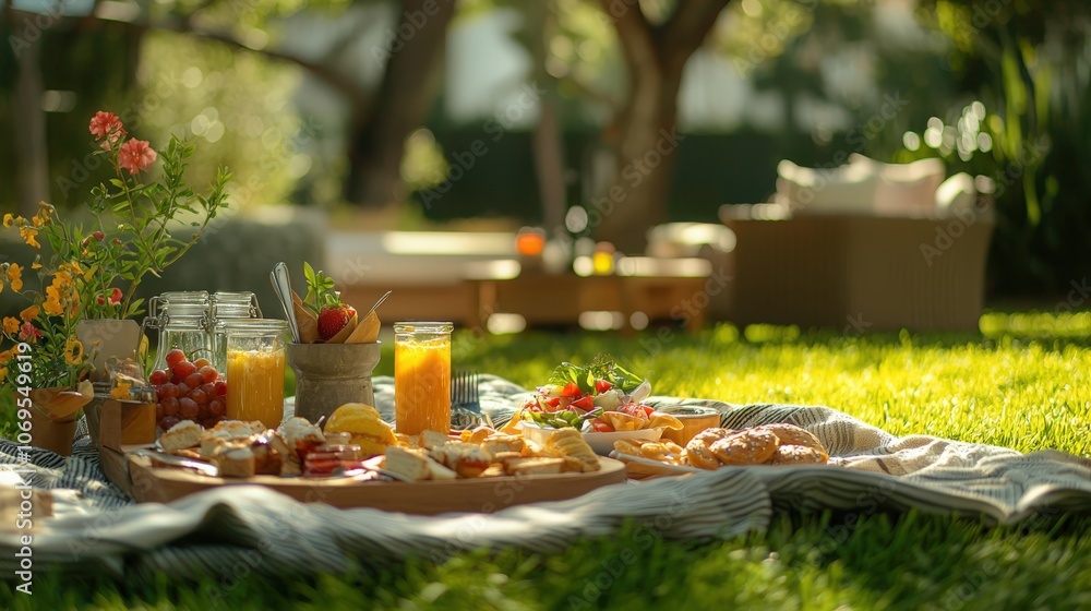 Outdoor picnic spread on a blanket in a sunlit garden with fruit and pastries Outdoor picnic spread on a blanket in a sunlit garden with fruit and pastries