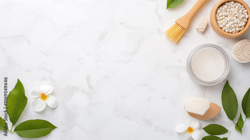 Natural Skincare Flat Lay: A serene and minimalist flat lay featuring natural skincare ingredients, tools, and delicate white flowers, perfect for showcasing your organic beauty products. Natural Skincare Flat Lay: A serene and minimalist flat lay featuring natural skincare ingredients, tools, and delicate white flowers, perfect for showcasing your organic beauty products.