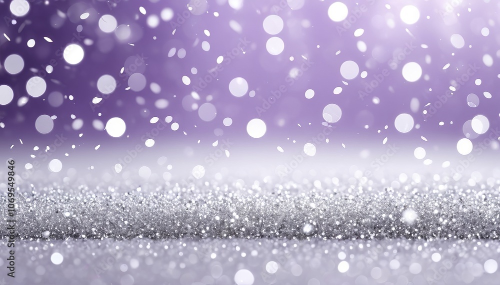 Sparkling snowflakes falling on a glittery surface with purple bokeh background