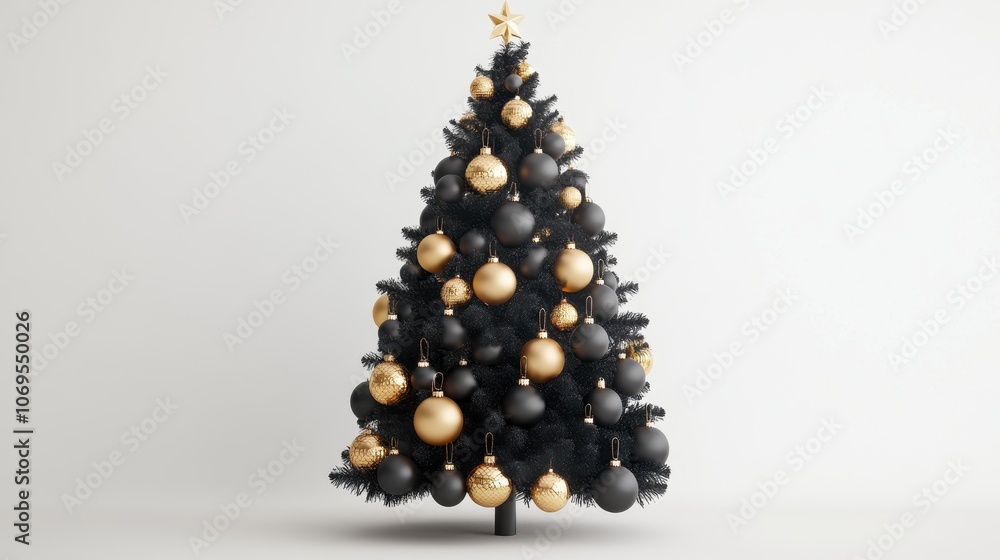 An isolated modern black and gold Christmas tree decorated with ornaments An isolated modern black and gold Christmas tree decorated with ornaments