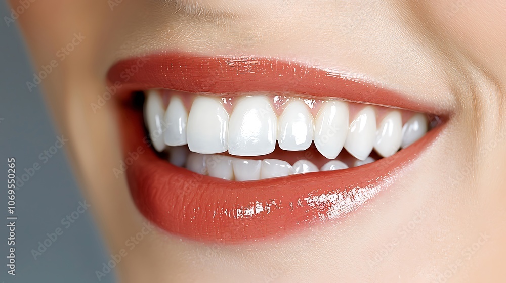 A stunning close up macro photograph captures the beauty of a females smile, highlighting her perfectly white teeth, healthy mouth, and full red lips A stunning close up macro photograph captures the beauty of a females smile, highlighting her perfectly white teeth, healthy mouth, and full red lips