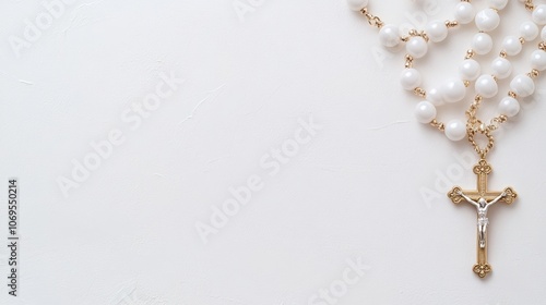 Elegant pearl rosary with golden crucifix on white textured background
