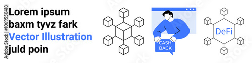Abstract cubes connected forming decentralized structure with a central DeFi text and individual benefiting from cashback. Ideal for fintech, blockchain, DeFi, cryptocurrency, finance apps, startups
