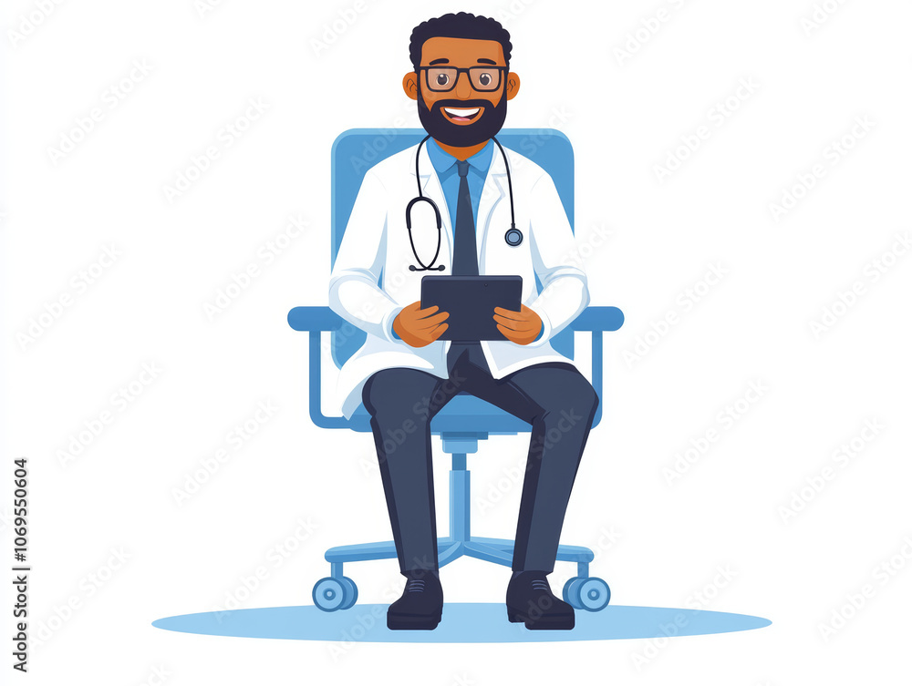 smiling doctor in white coat sits on chair, holding tablet, ready for telemedicine consultation. His friendly demeanor conveys professionalism and approachability smiling doctor in white coat sits on chair, holding tablet, ready for telemedicine consultation. His friendly demeanor conveys professionalism and approachability