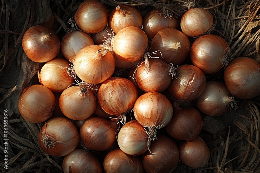 A pile of brown onion bulbs in the sun, close-up shot, top view, photography, high definition A pile of brown onion bulbs in the sun, close-up shot, top view, photography, high definition