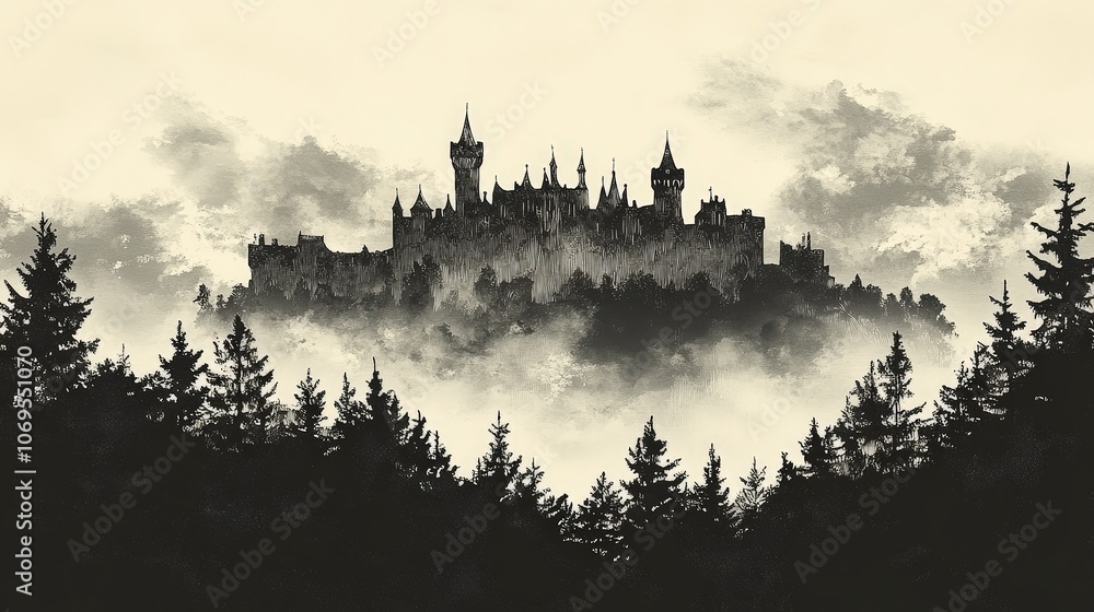 Dramatic Medieval Castle on Misty Hill