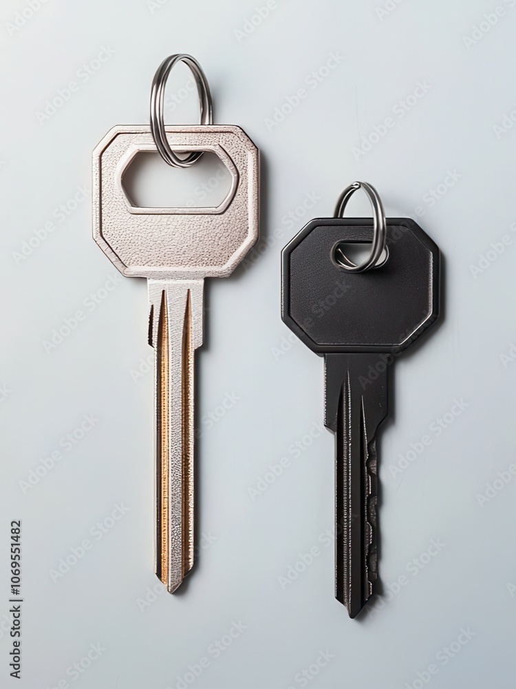 Two keys, one silver and one black, displayed against a light background, highlighting their different styles and functions. Two keys, one silver and one black, displayed against a light background, highlighting their different styles and functions.