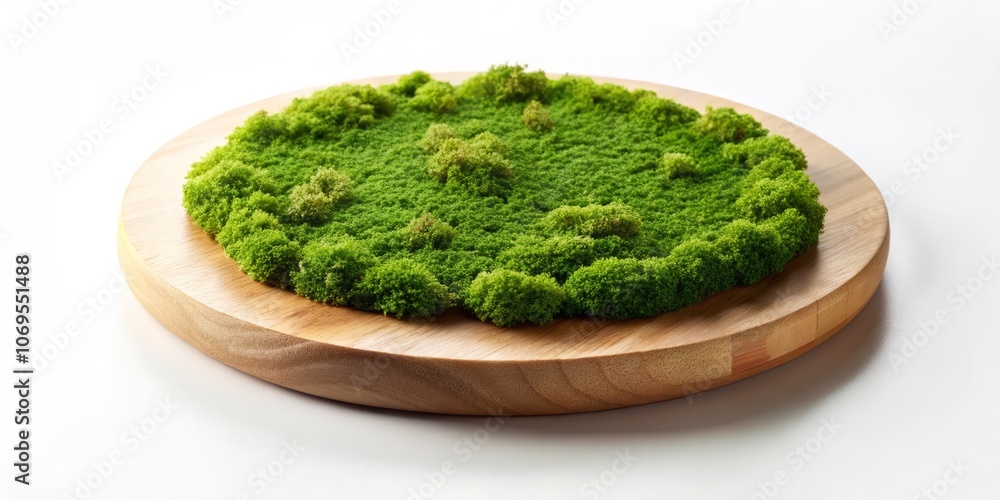 Round Empty Wooden Pizza Platter Covered in Green Moss on White Background for Sustainable Eco-Friendly Concept, Top View Flat Lay with Copy Space Ideal for Green Living Themes Round Empty Wooden Pizza Platter Covered in Green Moss on White Background for Sustainable Eco-Friendly Concept, Top View Flat Lay with Copy Space Ideal for Green Living Themes