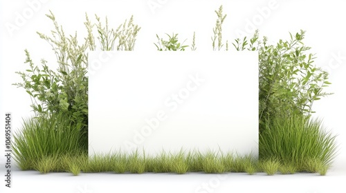 Blank white sign surrounded by lush green foliage on white background photo