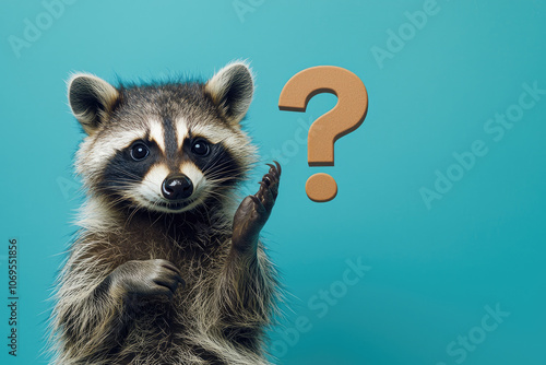 Curious raccoon with question mark on blue background, evoking wonder