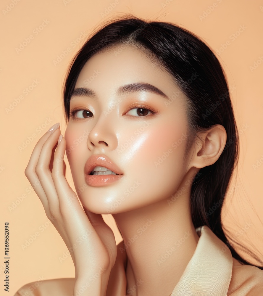 skincare commercial model, asian, light skin woman touching face against cream background skincare commercial model, asian, light skin woman touching face against cream background
