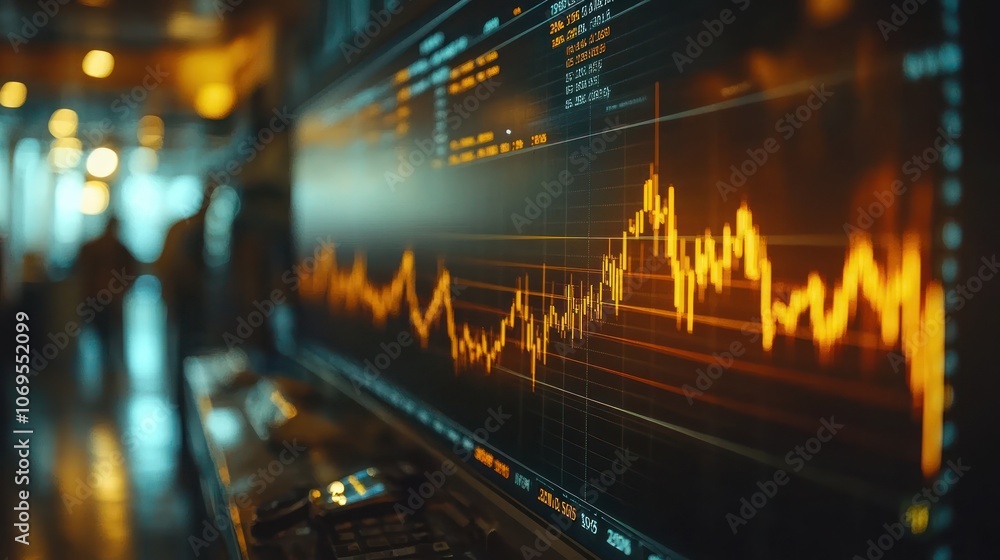 A close-up of a stock market chart displayed on a monitor with a blurred background of people. A close-up of a stock market chart displayed on a monitor with a blurred background of people.