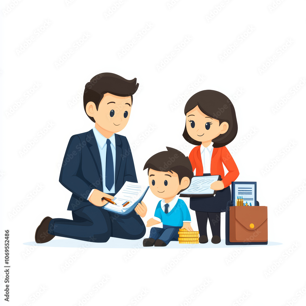 Financial consultant advising family, discussing plans with child. scene captures professional atmosphere with documents, briefcase, and stacks of coins, emphasizing financial literacy Financial consultant advising family, discussing plans with child. scene captures professional atmosphere with documents, briefcase, and stacks of coins, emphasizing financial literacy