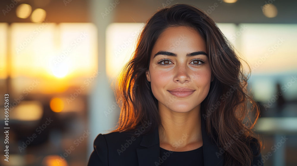 Smiling woman in a business setting looking at camera. Smiling woman in a business setting looking at camera.