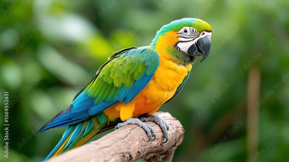 Vibrant blue and yellow macaw perched in lush greenery Vibrant blue and yellow macaw perched in lush greenery