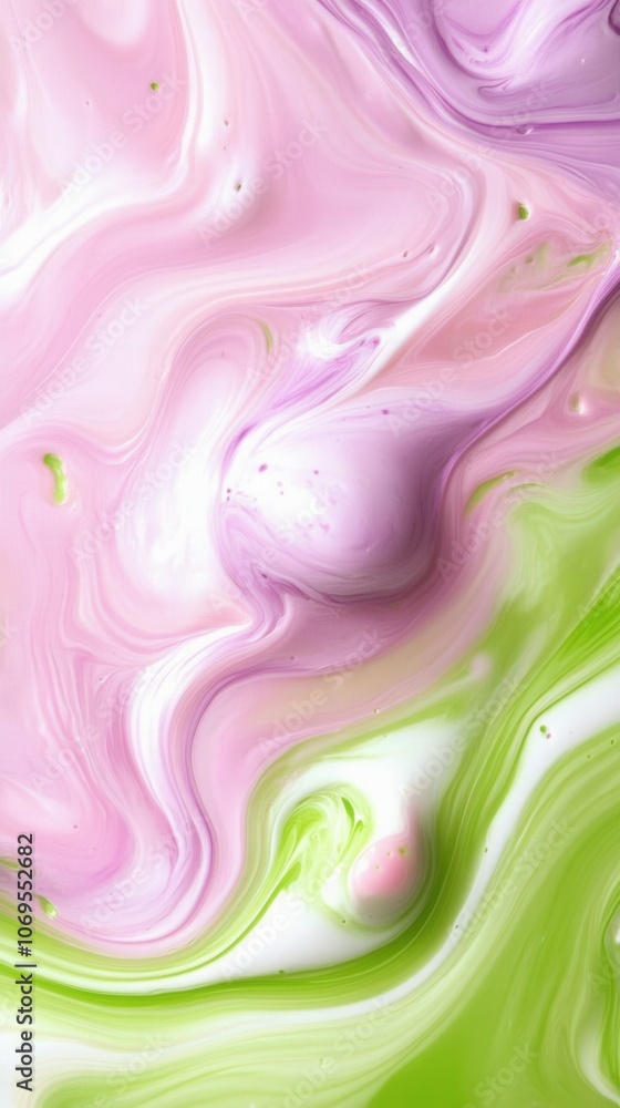 Vibrant swirls of pink and green paint mixing in abstract pattern Vibrant swirls of pink and green paint mixing in abstract pattern