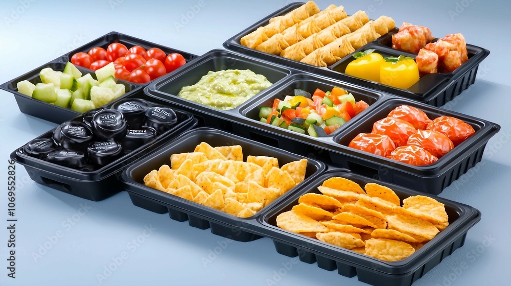Colorful Platters of Snacks and Dips on Slate Background Colorful Platters of Snacks and Dips on Slate Background
