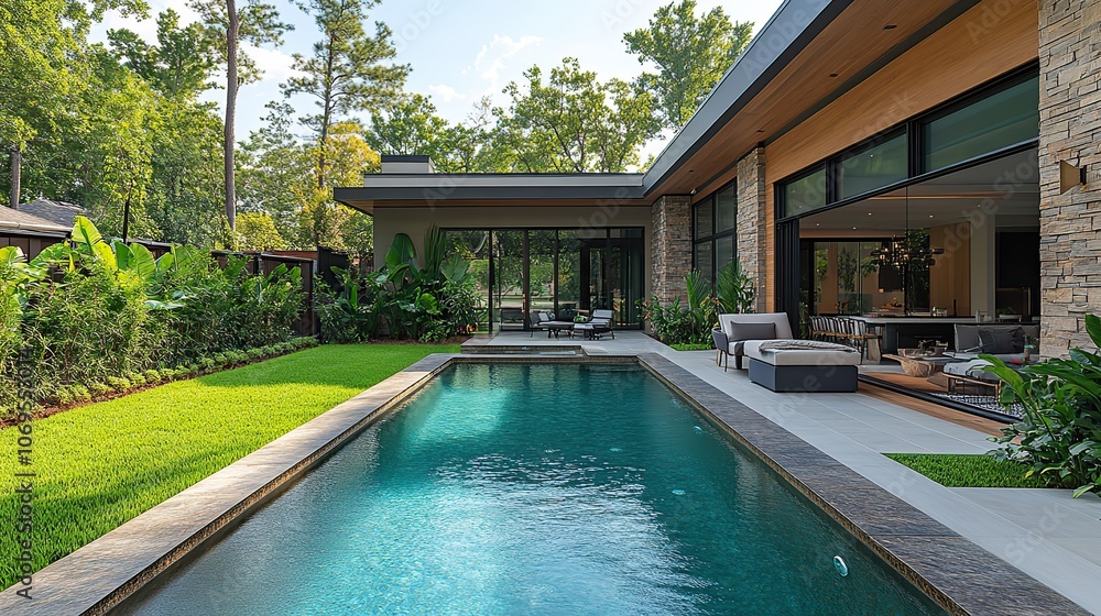 custom made wallpaper toronto digitalA modern backyard features a swimming pool, lush green grass, and tropical plants, creating a serene outdoor atmosphere in residential designs that focus on relaxation and luxury.