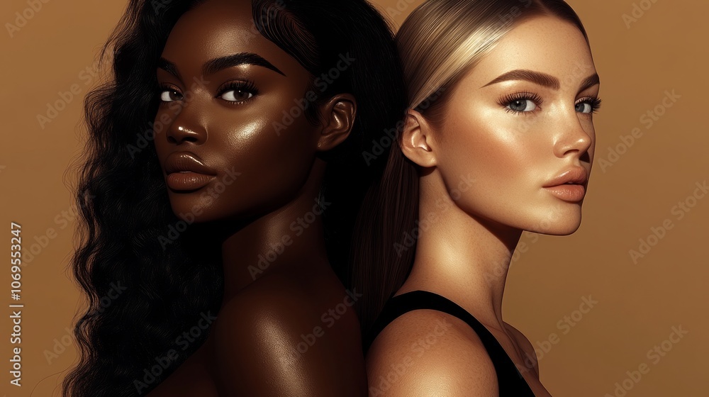 Fototapeta premium Hyperrealistic landscape photo of two beautiful women positioned on a medium brown background, designed for an e-commerce banner with empty space on the right side. 