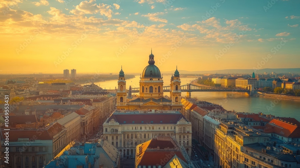 Fototapeta premium A stunning sunset view over a cityscape featuring a prominent dome structure by a river.