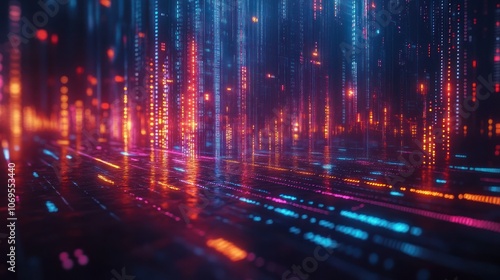 Abstract digital data stream background with glowing lines and particles.