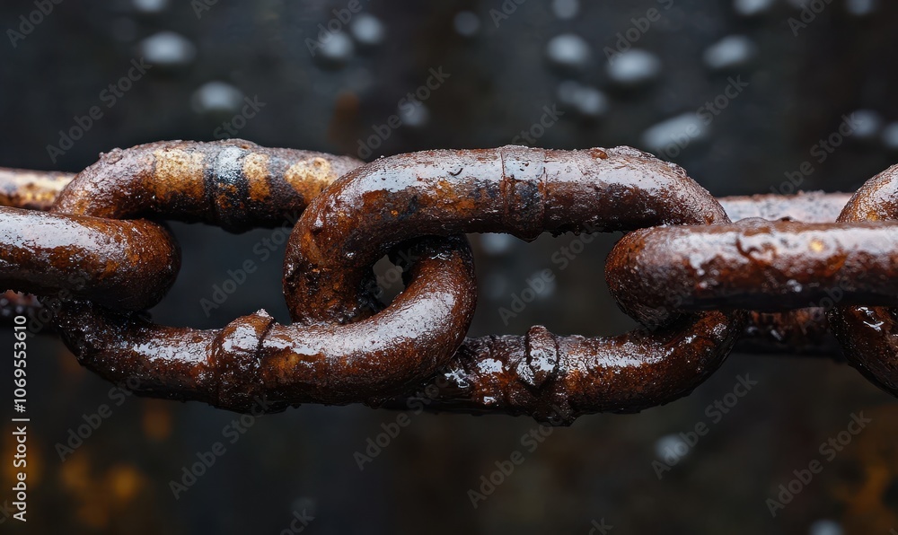 Chains connect on damp grimy metal Chains connect on damp grimy metal