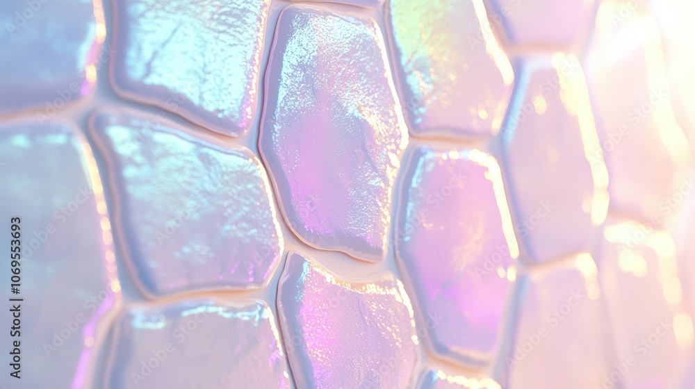 Iridescent abstract wall with glossy geometric tiles and pastel light Iridescent abstract wall with glossy geometric tiles and pastel light