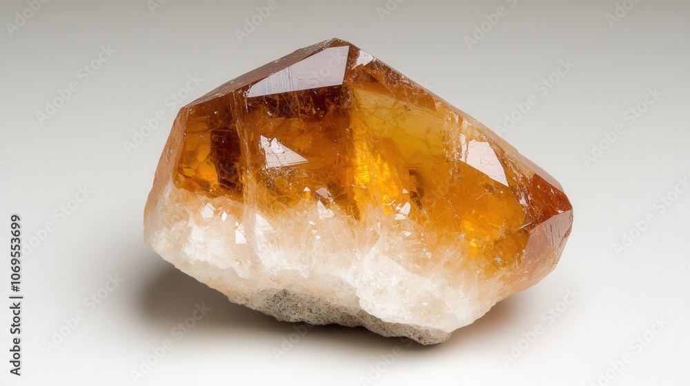 Natural citrine crystal showing raw amber tones and intricate facets on neutral background Natural citrine crystal showing raw amber tones and intricate facets on neutral background