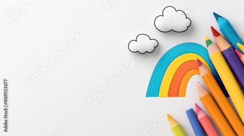 Colorful rainbow of pencils with cloud cutouts on white background photo