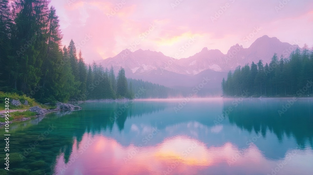 Obraz premium Serene lake reflecting mountains at sunset, surrounded by lush trees and misty atmosphere.