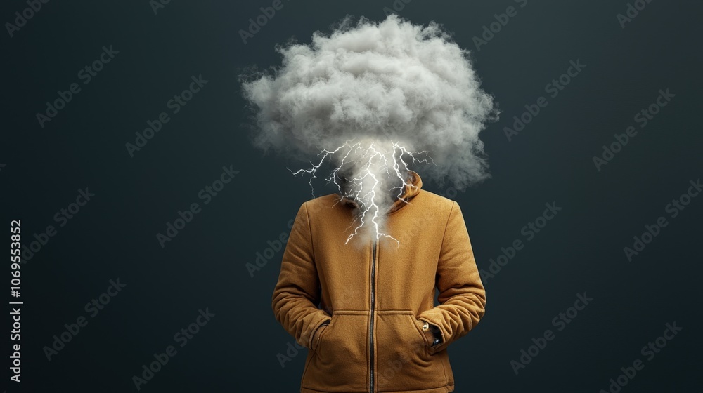 Surreal conceptual art: person with cloud head and lightning strikes Surreal conceptual art: person with cloud head and lightning strikes