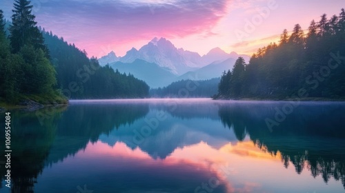 Wallpaper Mural Serene mountain landscape at dawn, reflecting on a calm lake with vibrant colors in the sky. Torontodigital.ca