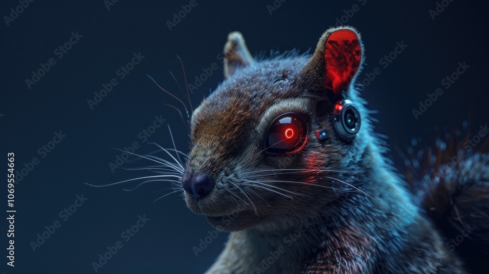 Fototapeta premium Cyborg squirrel with red eyes on dark blue background with copy space, 3d rendering,
