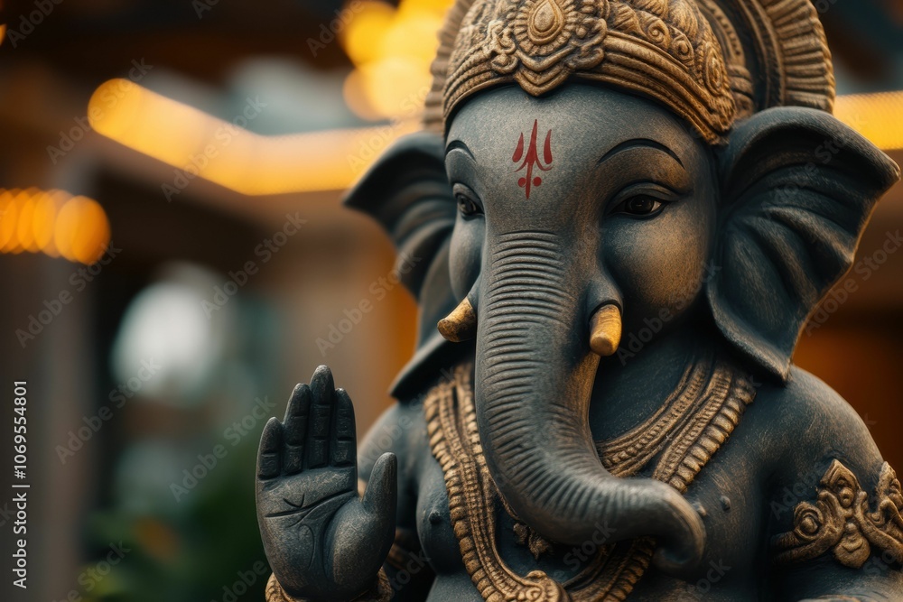 A statue of Ganesha with a gold and red face A statue of Ganesha with a gold and red face