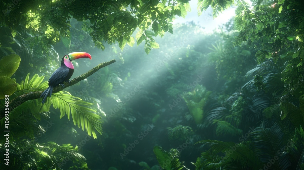 Naklejka premium Colorful toucan on jungle branch amid lush green foliage with sunlight streaming through canopy