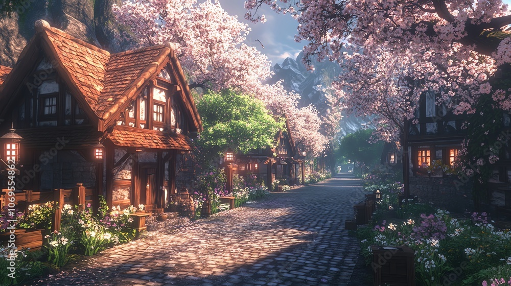 A cobblestone street lined with quaint houses and cherry blossom trees, bathed in the warm glow of the morning sun. A cobblestone street lined with quaint houses and cherry blossom trees, bathed in the warm glow of the morning sun.