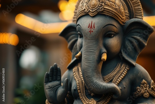 A statue of Ganesha with a gold and red face