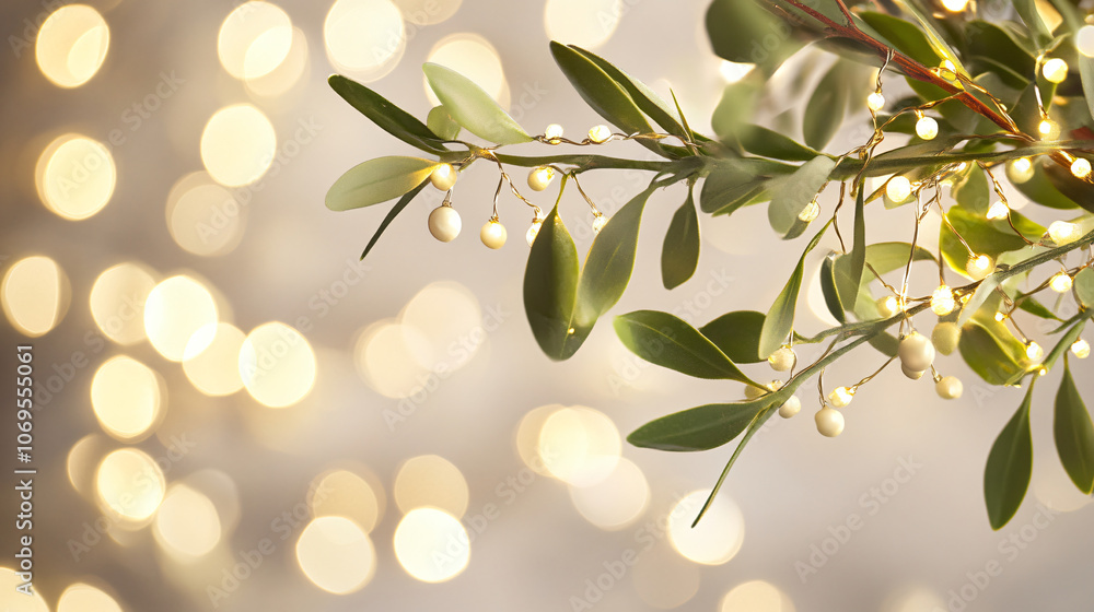 Obraz premium Mistletoe branches with sparkling lights, creating a festive atmosphere.