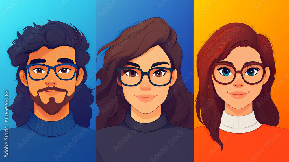 Three friends, a man and two women, all wearing glasses, smiling against a colorful background. Three friends, a man and two women, all wearing glasses, smiling against a colorful background.