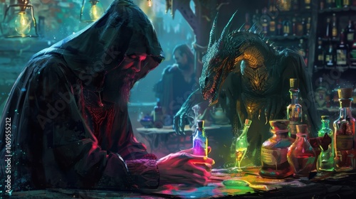 A mysterious hooded figure haggling with a dragonlike creature over a rare bottle of rainbowhued elixir. photo