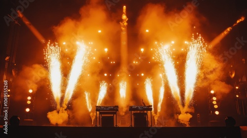 Two sets of fireworks are lit up in the air. The fireworks are orange and are shooting out of the sky