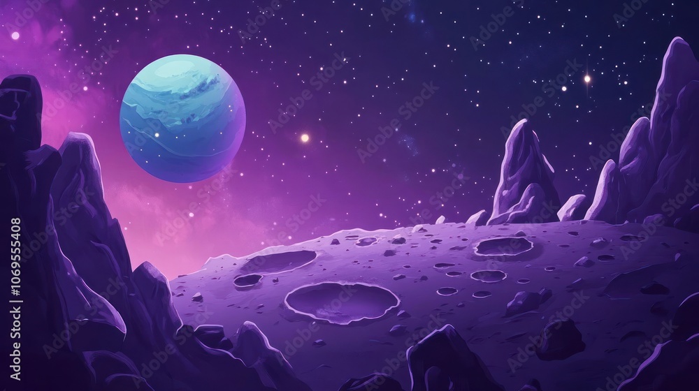 A colorful, cosmic landscape featuring a distant planet and rocky terrain illuminated by stars. A colorful, cosmic landscape featuring a distant planet and rocky terrain illuminated by stars.