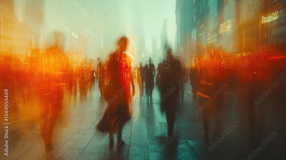 blurred motion of diverse people walking through a bustling modern city, capturing the energy and rhythm of urban life, highlighting movement and connection in an abstract style blurred motion of diverse people walking through a bustling modern city, capturing the energy and rhythm of urban life, highlighting movement and connection in an abstract style
