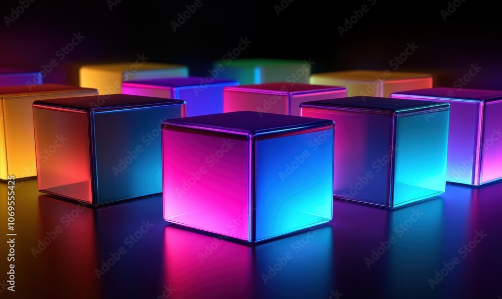 Colorful abstract pattern of 3D cubes illuminated with vibrant light creating a dynamic visual effect in a dark setting Colorful abstract pattern of 3D cubes illuminated with vibrant light creating a dynamic visual effect in a dark setting