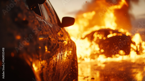 A car engulfed in flames burns intensely, while another car stands nearby, seemingly untouched.