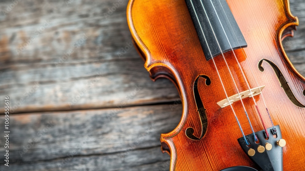 Closeup Violin Detail on Wooden Surface Closeup Violin Detail on Wooden Surface