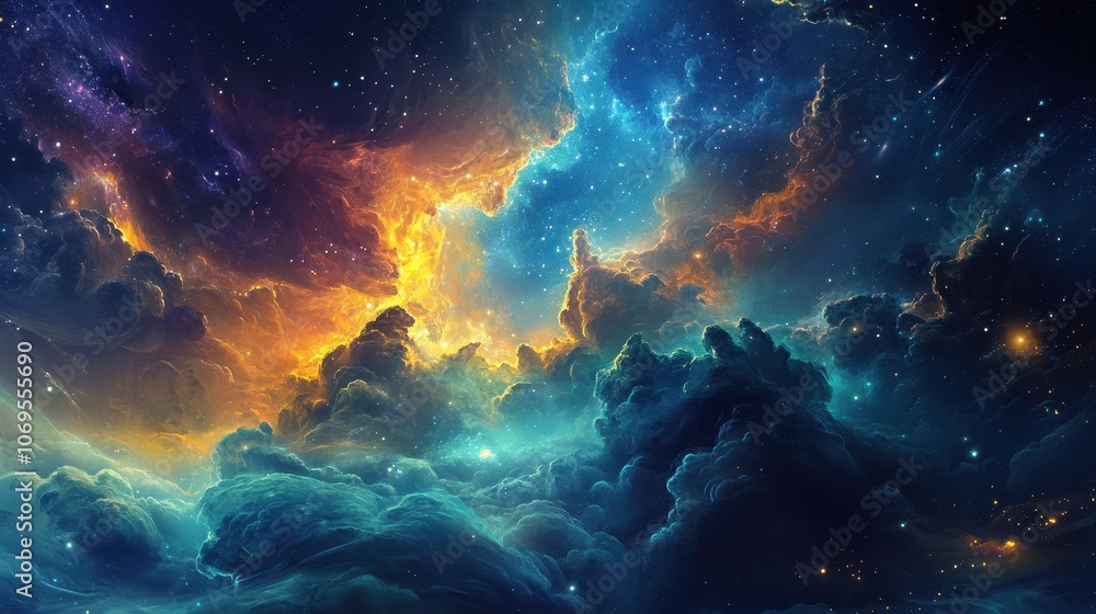 Fototapeta premium Cosmic Nebula with Swirling Clouds of Gas and Dust