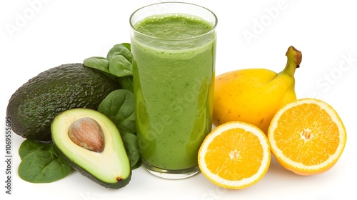 Healthy green smoothie made with fresh avocado spinach and other nutrient rich ingredients served in a glass on a white background with the natural ingredients surrounding it showcasing a vibrant photo